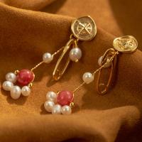 Freshwater Pearl Brass Earring, with Strawberry Quartz & Brass, real gold plated, fashion jewelry & for woman 