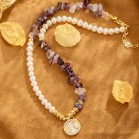 Collier de chaîne en laiton de perles d'eau douce, perle d'eau douce cultivée, avec améthyste & laiton, avec 5cm chaînes de rallonge, Plaqué d'or, bijoux de mode & pour femme Environ 37 cm, Vendu par PC