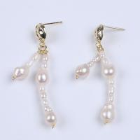 Freshwater Pearl Drop Earring, with Zinc Alloy, gold color plated, fashion jewelry & for woman & with rhinestone, white, 6.4mm 