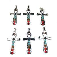 Gemstone Zinc Alloy Pendants, with Gemstone, Cross, silver color plated, DIY, multi-colored 