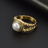 Titanium Steel Finger Ring, with Akoya Cultured Pearls, fashion jewelry & for woman & with rhinestone 