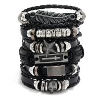 Wrap Bracelets, PU Leather, with Wax Cord & Copper Coated Plastic & Zinc Alloy, handmade, 6 pieces & punk style & adjustable & for man, black Approx 18-23 cm 