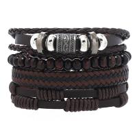 Wrap Bracelets, PU Leather, with Wax Cord & Copper Coated Plastic & Zinc Alloy, handmade, vintage & 4 pieces & adjustable & for man, brown Approx 18-23 cm 