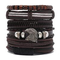 Wrap Bracelets, PU Leather, with Wax Cord & Wood & Zinc Alloy, Eagle, handmade, 6 pieces & vintage & adjustable & for man Approx 18-23 cm 