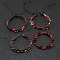 Wrap Bracelets, Zinc Alloy, with PU Leather Cord & Wax Cord & Wood, handmade, 4 pieces & fashion jewelry & for man 