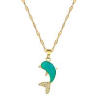 Titanium Steel Jewelry Necklace, with Brass, with 1.97inch extender chain, Dolphin, for woman & enamel & with rhinestone, golden Approx 15.75 Inch 