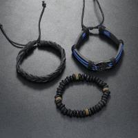 Wrap Bracelets, Zinc Alloy, with PU Leather Cord & Wax Cord & Wood, handmade, three pieces & fashion jewelry & for man 