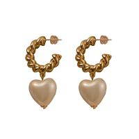 Brass Drop Earring, with Plastic Pearl, Heart, plated, for woman, golden 