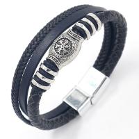 PU Leather Cord Bracelets, with Cowhide & Zinc Alloy, plated, vintage & multilayer & for man, black Approx 8.3 Inch [