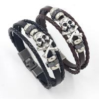 Cowhide Bracelets, with Zinc Alloy, Skull, plated, vintage & multilayer & for man Approx 8.3 Inch [