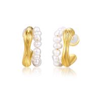 Sterling Silver Natural Pearl Stud Earring, 925 Sterling Silver, with Freshwater Pearl & Brass, plated, fashion jewelry & for woman 
