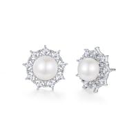 Sterling Silver Natural Pearl Stud Earring, 925 Sterling Silver, with Freshwater Pearl, fashion jewelry & micro pave cubic zirconia & for woman 