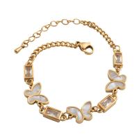 Stainless Steel Charm Bracelet, 304 Stainless Steel, with Glass Rhinestone & Shell, Butterfly, fashion jewelry & for woman, golden Approx 8.66 Inch 