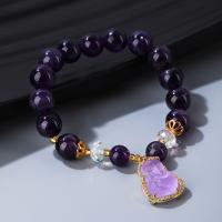 Quartz Bracelets, Amethyst, with Brass, gold color plated, for woman & with rhinestone, purple Approx 18 cm 