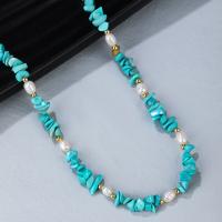 Türkis Süßwasser Perlen Halskette, mit Natürliche kultivierte Süßwasserperlen & Messing, mit Verlängerungskettchen von 6CM, goldfarben plattiert, für Frau, grün, Länge:ca. 42 cm, verkauft von PC
