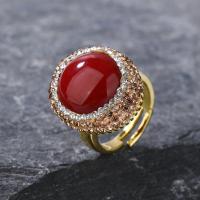 Gemstone Brass Finger Ring, Tourmaline, with Brass, gold color plated, for woman & with rhinestone, red, Inner Approx 18mm 