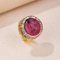 Gemstone Brass Finger Ring, Rhodochrosite, with Brass, Round, gold color plated, for woman & with rhinestone, red, Inner Approx 17mm 