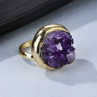 Quartz Finger Ring, Amethyst, with Brass, gold color plated, for woman, purple, Inner Approx 19mm 