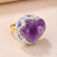 Quartz Finger Ring, Amethyst, with Tourmaline & Brass, gold color plated, for woman & with rhinestone, purple, Inner Approx 19mm 