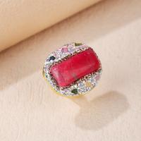 Edelstein Messing Finger Ring, Türkis, mit Turmalin & Messing, goldfarben plattiert, für Frau & mit Strass, rot, Innendurchmesser:ca. 19mm, verkauft von PC