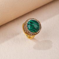 Gemstone Brass Finger Ring, Malachite, with Brass, gold color plated, for woman & with rhinestone, green, Inner Approx 17mm 