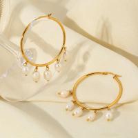 Stainless Steel Hoop Earring, 304 Stainless Steel, with Plastic Pearl, Round, 18K gold plated, fashion jewelry & for woman, golden 