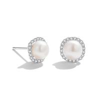 Sterling Silver Natural Pearl Stud Earring, 925 Sterling Silver, with Freshwater Pearl, plated, fashion jewelry & micro pave cubic zirconia & for woman 