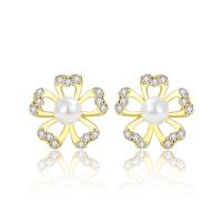 Cubic Zirconia Micro Pave Sterling Silver Earring, 925 Sterling Silver, with Plastic Pearl, Flower, plated, micro pave cubic zirconia & for woman 11mm 