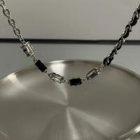 Titan Schmuck Halskette, Zinklegierung, mit Titanstahl & Lederband, mit Verlängerungskettchen von 6.5cm, Modeschmuck & unisex & Micro pave Zirkonia, Silberfarbe, Länge:ca. 49 cm, verkauft von PC