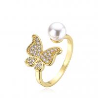 Cubic Zirconia Micro Pave Brass Finger Ring, with Plastic Pearl, plated & micro pave cubic zirconia & for woman, golden 