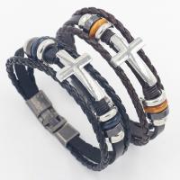 PU Leather Cord Bracelets, Cowhide, with PU Leather & Zinc Alloy, Cross, plated, multilayer & Unisex Approx 8.3 Inch 