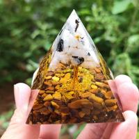 Resin Decoration, with Moonstone & Tiger Eye & Brass, Pyramidal, plated, for home and office & epoxy gel, mixed colors 