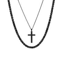 Stainless Steel Jewelry Necklace, 304 Stainless Steel, with 2.17inch extender chain, Cross, plated, Double Layer & fashion jewelry & for man, black Approx 24.4 Inch, Approx 20.08 Inch 