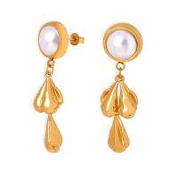 Titanium Steel Earrings, with Shell Pearl, Vacuum Ion Plating, fashion jewelry & for woman 