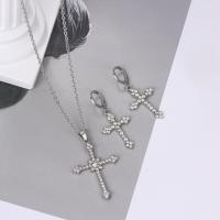 Rhinestone Zinc Alloy Jewelry Set, earring & necklace, Cross, fashion jewelry & for woman & with rhinestone 