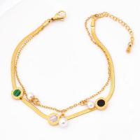Fashion Jewelry Anklet, Titanium Steel, with Shell & Plastic Pearl, with 2.24inch extender chain, plated, Double Layer & for woman, golden Approx 8.46 Inch 