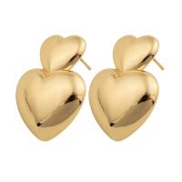 Brass Stud Earring, Heart, plated, for woman, golden 