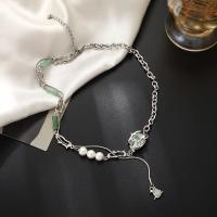 Titanium Steel Jewelry Necklace, with Jade & Plastic Pearl, with 5cm extender chain, fashion jewelry & micro pave cubic zirconia & for woman, original color Approx 24 cm 