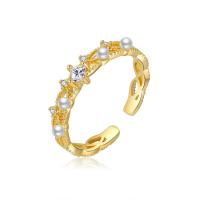 Cubic Zirconia Micro Pave Brass Finger Ring, with Plastic Pearl, real gold plated, fashion jewelry & micro pave cubic zirconia & for woman, Ring inner mm 