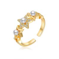 Cubic Zirconia Micro Pave Brass Finger Ring, with Plastic Pearl, Star, real gold plated, fashion jewelry & micro pave cubic zirconia & for woman, Ring inner mm 