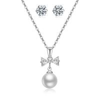 Cubic Zirconia Micro Pave Brass Jewelry Sets, Stud Earring & necklace, with Cubic Zirconia & Plastic Pearl, with 2Inch extender chain, Round, silver color plated, fashion jewelry & for woman Approx 17 Inch 
