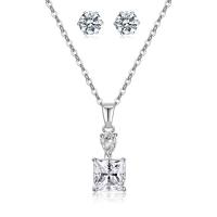 Cubic Zirconia Micro Pave Brass Jewelry Sets, Stud Earring & necklace, with Cubic Zirconia, with 2Inch extender chain, Square, silver color plated, fashion jewelry & for woman Approx 17 Inch [