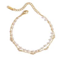 Stainless Steel Charm Bracelet, 304 Stainless Steel, with Plastic Pearl, with 1.97inch extender chain, plated, Double Layer & micro pave cubic zirconia & for woman, golden Approx 7.09 Inch 