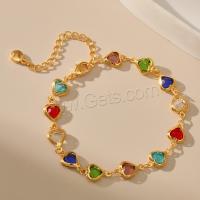Rhinestone Brass Bracelets, with 6CM extender chain, Heart, gold color plated, for woman & with rhinestone, multi-colored Approx 16.5 cm 