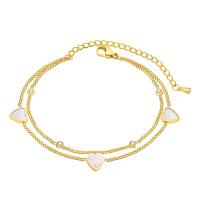 Titanium Steel Bracelet & Bangle, with Shell, with 1.97inch extender chain, Heart, Vacuum Ion Plating, Double Layer & micro pave cubic zirconia & for woman, golden, 7mm Approx 6.3 Inch 