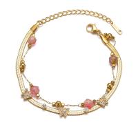 Stainless Steel Charm Bracelet, 304 Stainless Steel, with Rose Quartz, with 1.97inch extender chain, Butterfly, Double Layer & micro pave cubic zirconia & for woman, golden Approx 6.69 Inch [