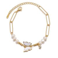 Stainless Steel Charm Bracelet, 304 Stainless Steel, with Freshwater Pearl, with 1.97inch extender chain, Butterfly, fashion jewelry & micro pave cubic zirconia & for woman & enamel, golden Approx 6.89 Inch 