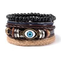 PU Leather Cord Bracelets, with Wood & Zinc Alloy, Evil Eye, vintage & multilayer & for woman Approx 7 Inch 