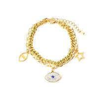 Evil Eye Jewelry Bracelet, 304 Stainless Steel, with 1.57inch extender chain, gold color plated, Double Layer & for woman & with rhinestone, golden, 17mm Approx 6.3 Inch 