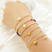 Stainless Steel Chain Bracelets, 304 Stainless Steel, with Natural Stone & Freshwater Pearl, Heart, plated & for woman, golden 